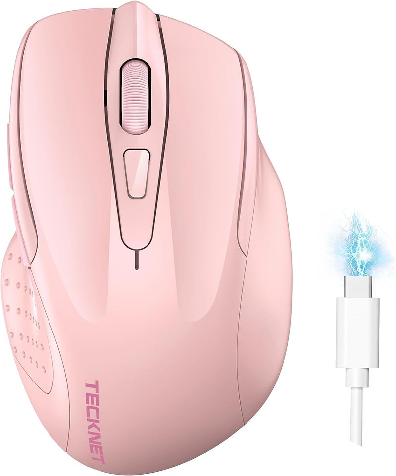 TECKNET Wireless Mouse (BT5.0/3.0 & 2.4G) Rechargeable 4800 DPI Silent USB A & Bluetooth Mouse 6 Buttons, Wide Compatibility - Pink - Image 1
